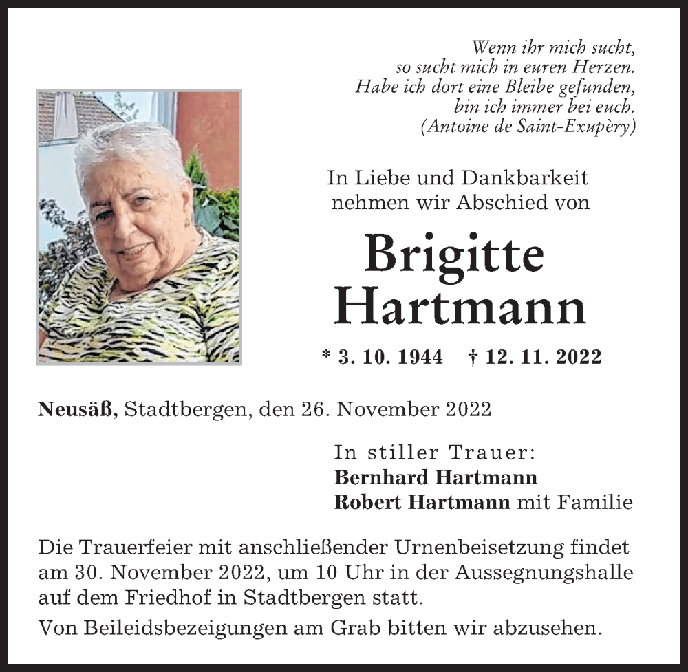  Traueranzeige für Brigitte Hartmann vom 26.11.2022 aus Augsburg-Land