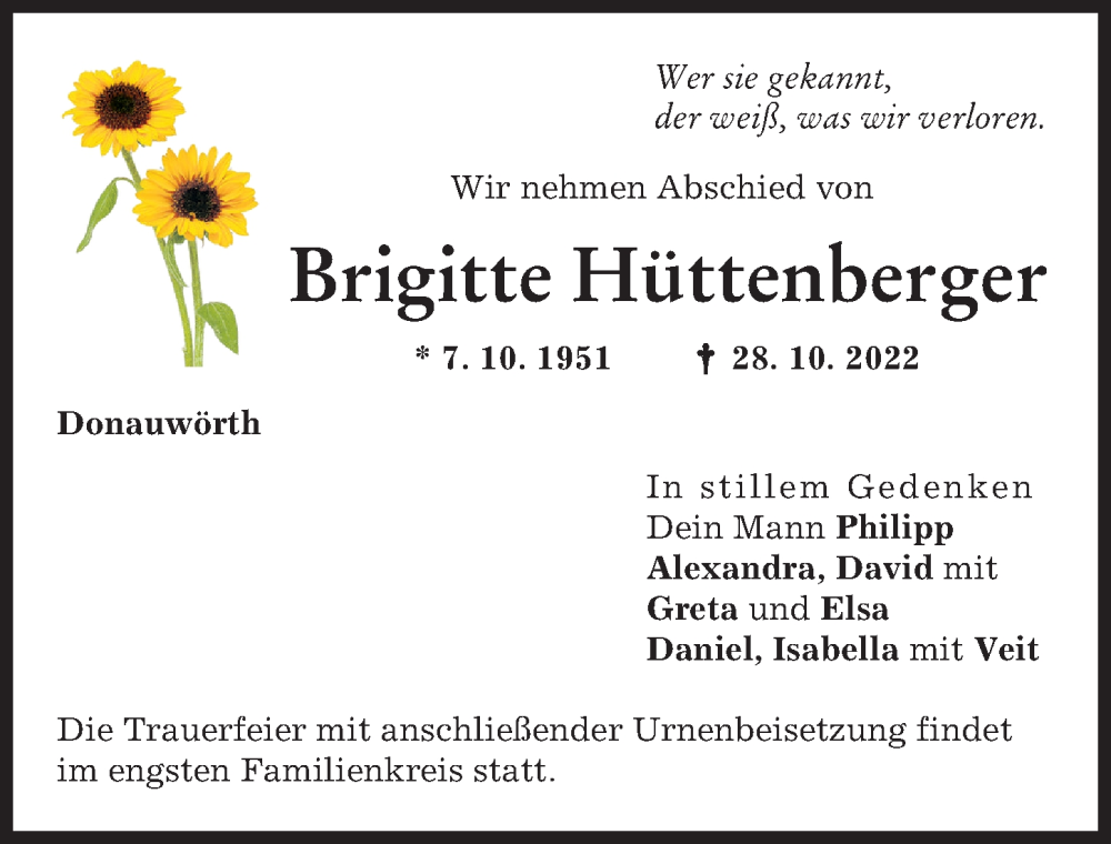 Traueranzeige von Brigitte Hüttenberger von Donauwörther Zeitung