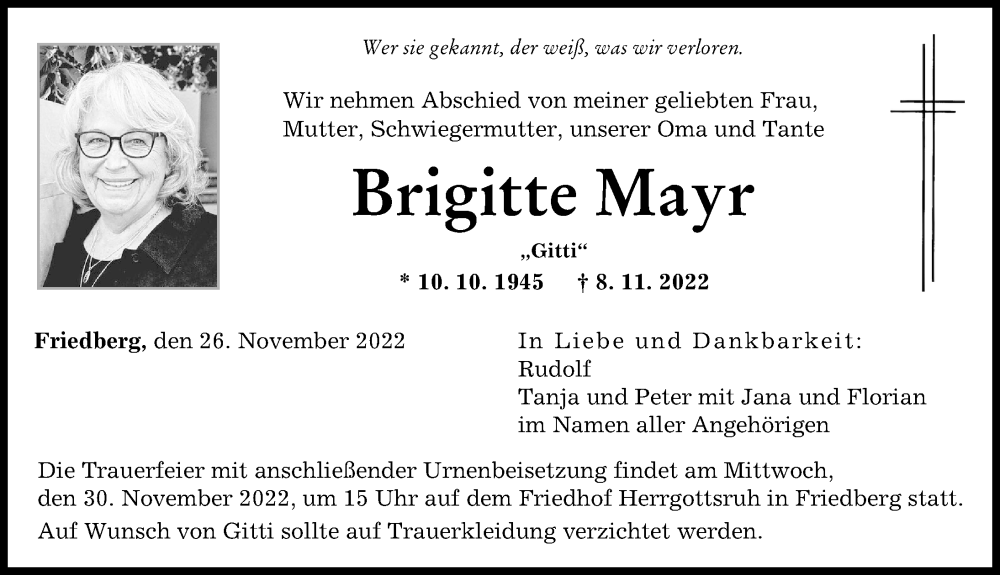  Traueranzeige für Brigitte Mayr vom 26.11.2022 aus Augsburger Allgemeine