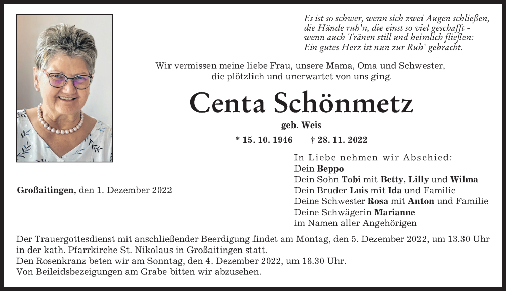  Traueranzeige für Centa Schönmetz vom 01.12.2022 aus Augsburger Allgemeine, Schwabmünchner Allgemeine