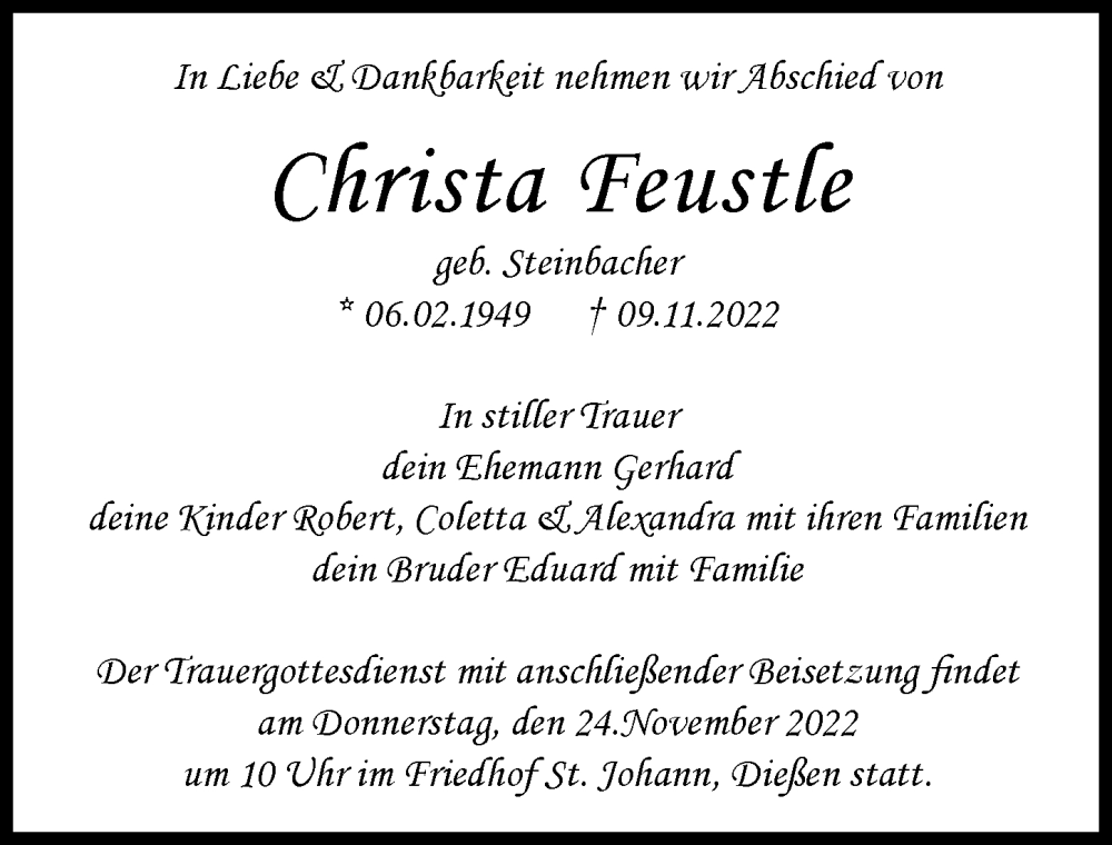  Traueranzeige für Christa Feustle vom 21.11.2022 aus Landsberger Tagblatt