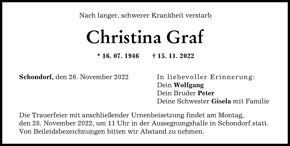  Traueranzeige für Christina Graf vom 26.11.2022 aus Landsberger Tagblatt