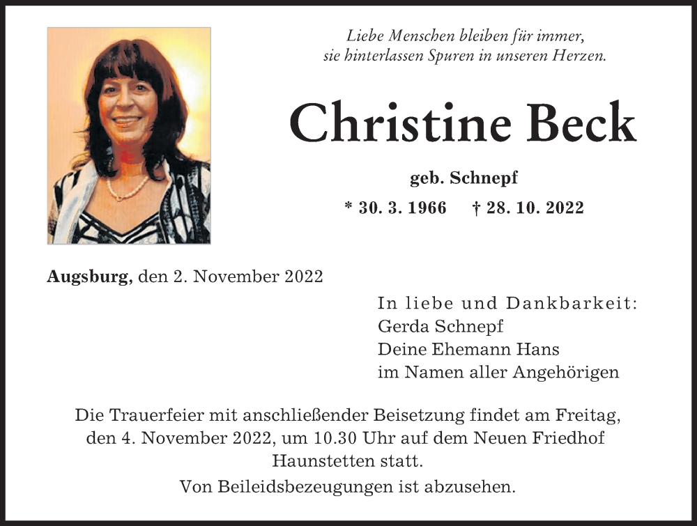Traueranzeige von Christine Beck von Augsburger Allgemeine