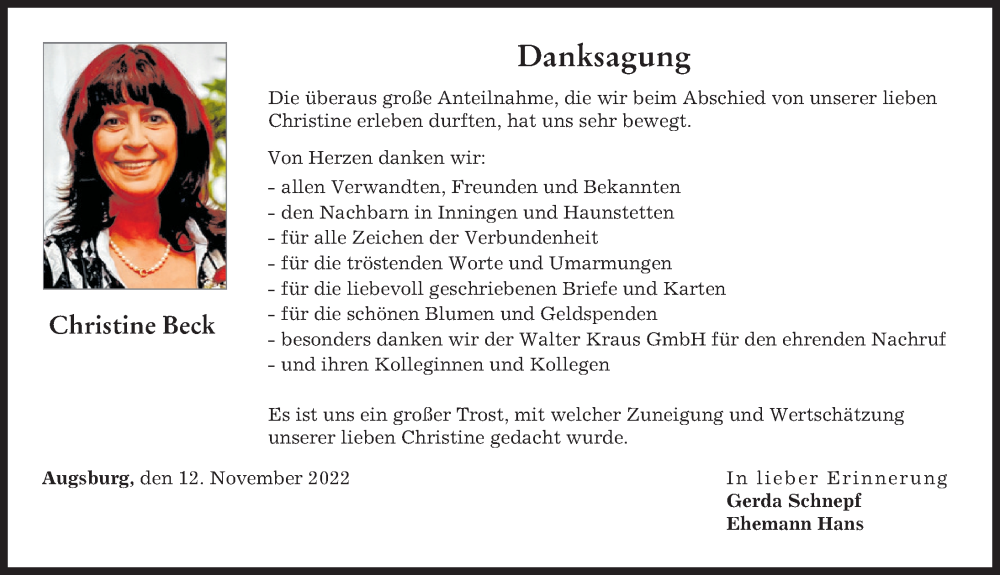 Traueranzeige von Christine Beck von Augsburger Allgemeine