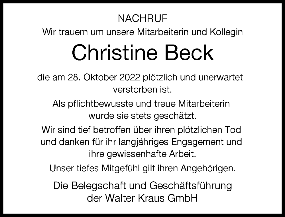  Traueranzeige für Christine Beck vom 02.11.2022 aus Augsburger Allgemeine