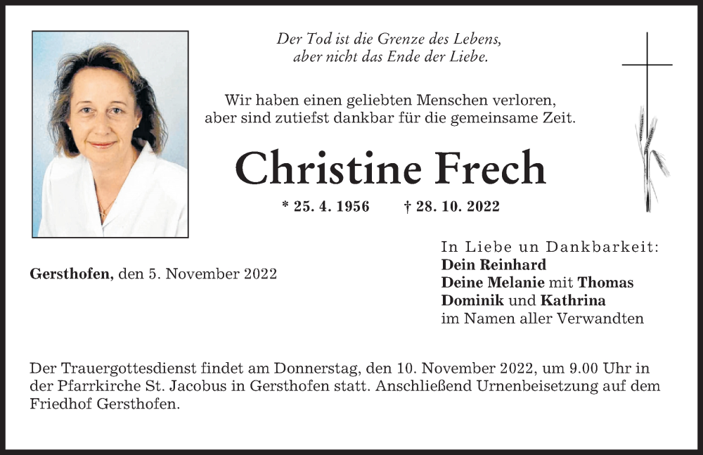  Traueranzeige für Christine Frech vom 05.11.2022 aus Augsburger Allgemeine