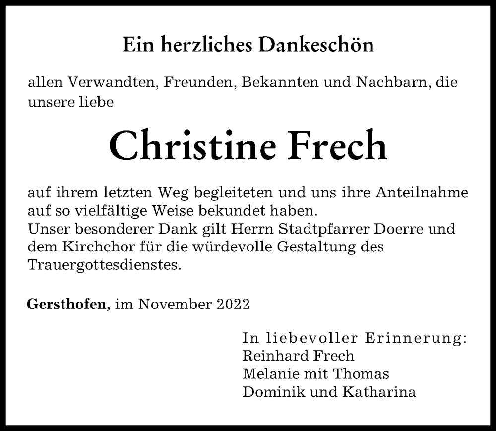  Traueranzeige für Christine Frech vom 16.11.2022 aus Augsburger Allgemeine