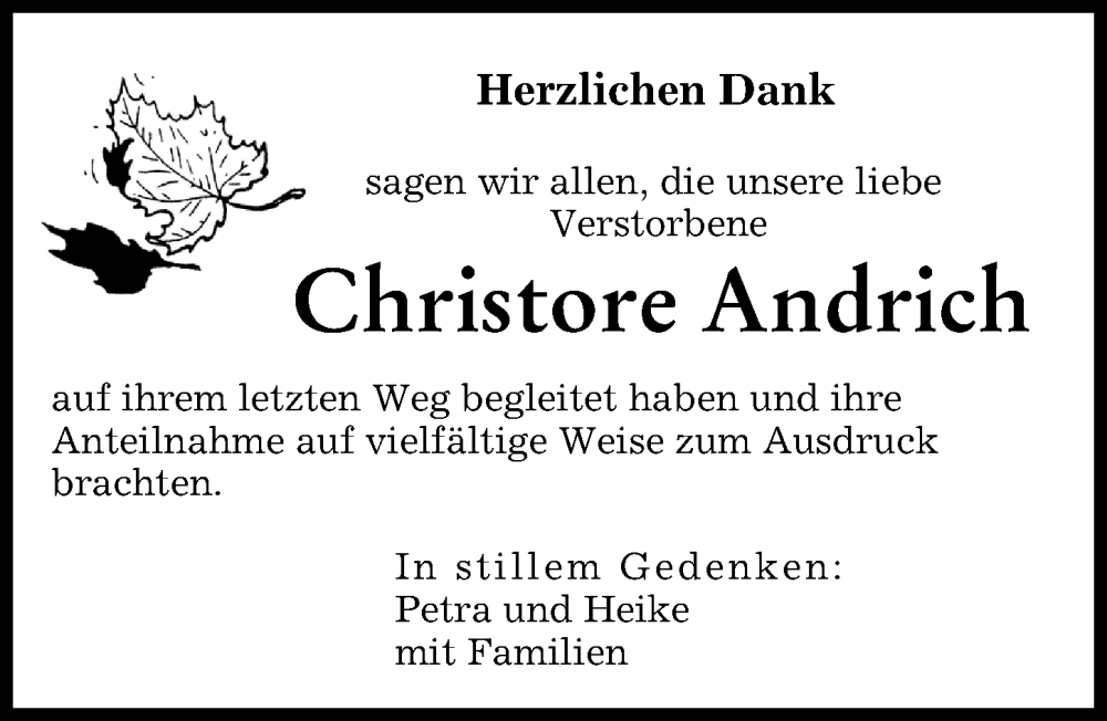  Traueranzeige für Christore Andrich vom 26.11.2022 aus Donau Zeitung