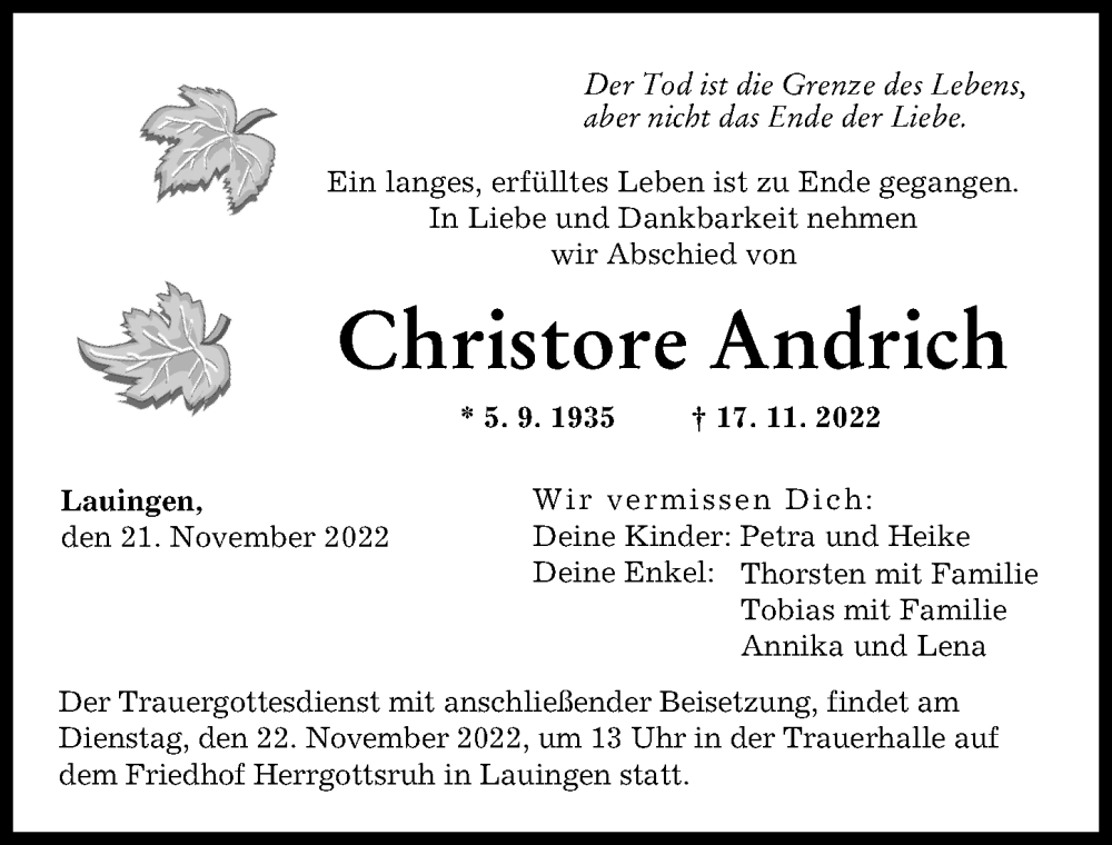  Traueranzeige für Christore Andrich vom 21.11.2022 aus Donau Zeitung