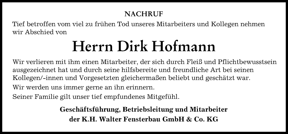  Traueranzeige für Dirk Hofmann vom 26.11.2022 aus Augsburger Allgemeine