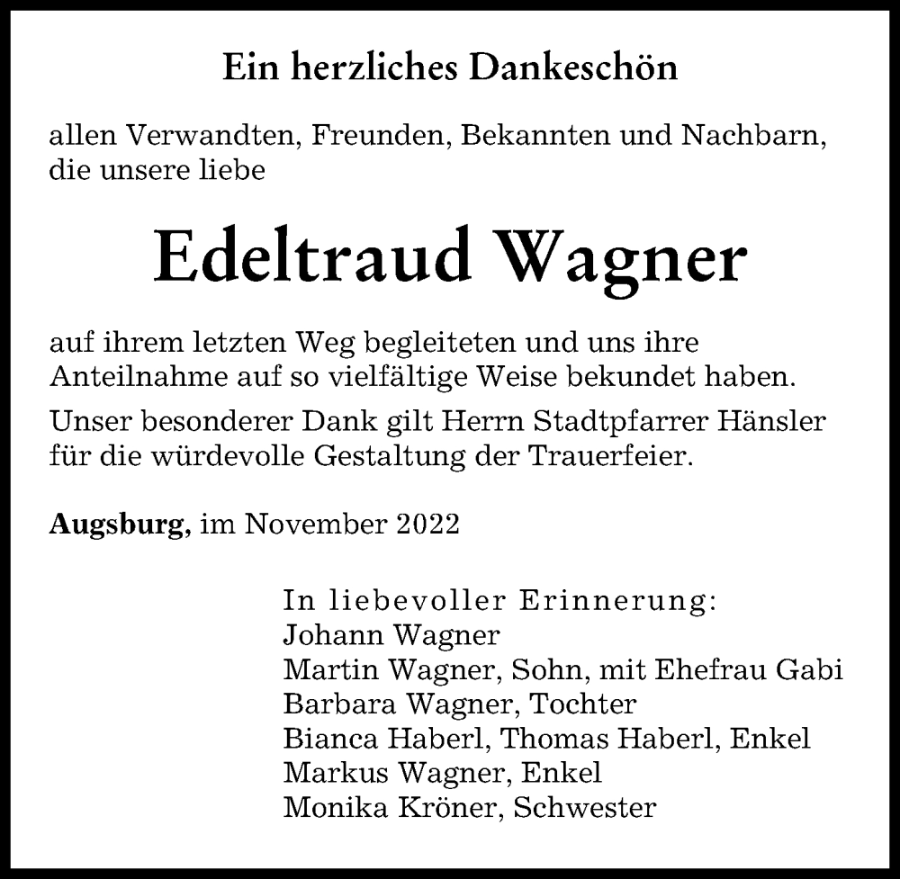 Traueranzeige von Edeltraud Wagner von Augsburger Allgemeine