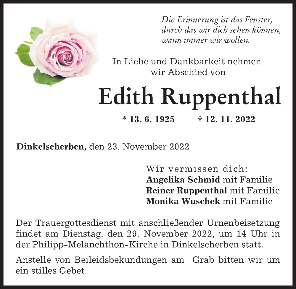  Traueranzeige für Edith Ruppenthal vom 23.11.2022 aus Augsburg-Land