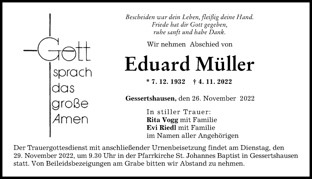  Traueranzeige für Eduard Müller vom 26.11.2022 aus Augsburg-Land