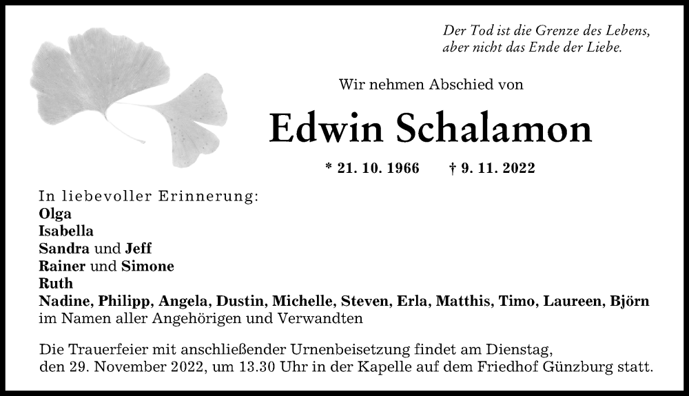  Traueranzeige für Edwin Schalamon vom 22.11.2022 aus Günzburger Zeitung