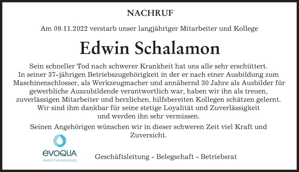  Traueranzeige für Edwin Schalamon vom 26.11.2022 aus Günzburger Zeitung