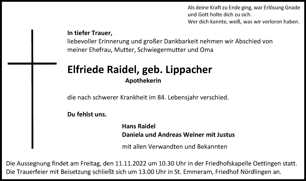 Traueranzeige von Elfriede Raidel von Rieser Nachrichten