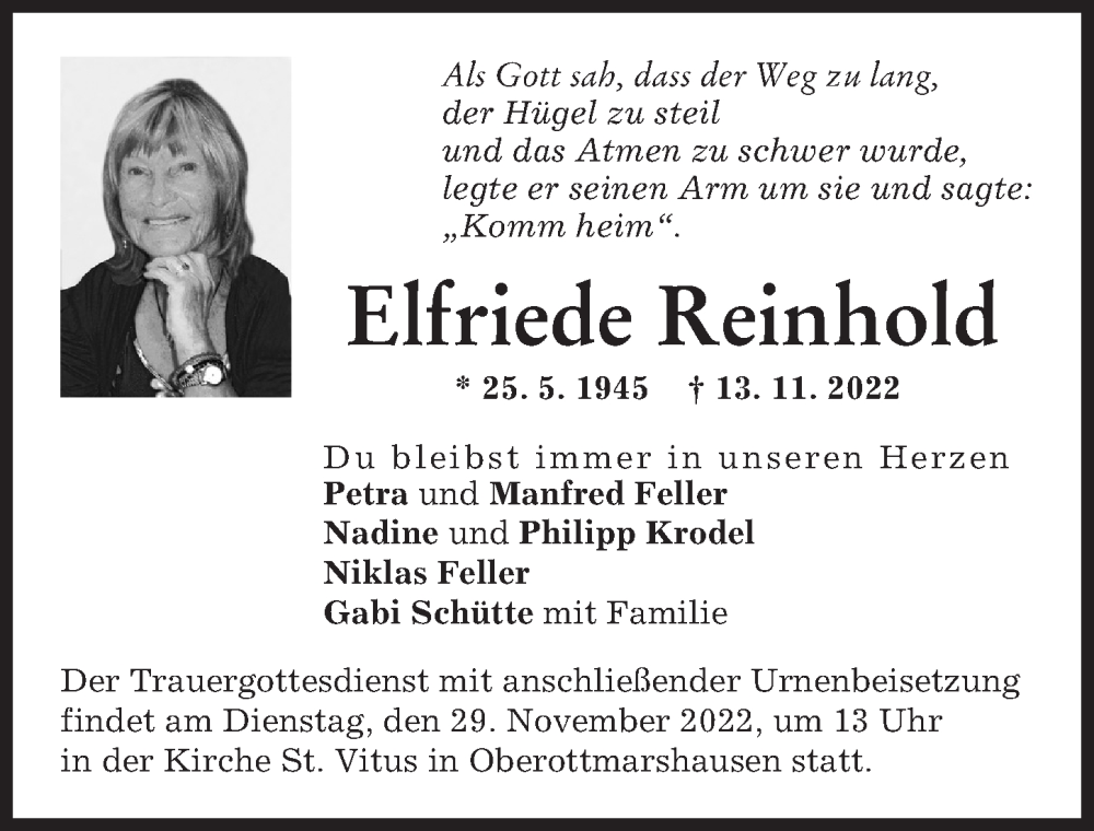  Traueranzeige für Elfriede Reinhold vom 26.11.2022 aus Schwabmünchner Allgemeine