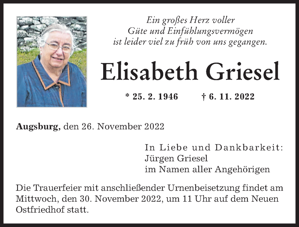  Traueranzeige für Elisabeth Griesel vom 26.11.2022 aus Augsburger Allgemeine