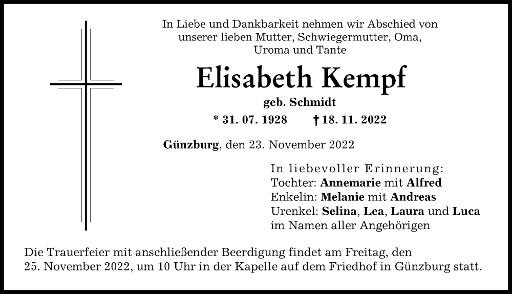 Traueranzeige von Elisabeth Kempf von Günzburger Zeitung