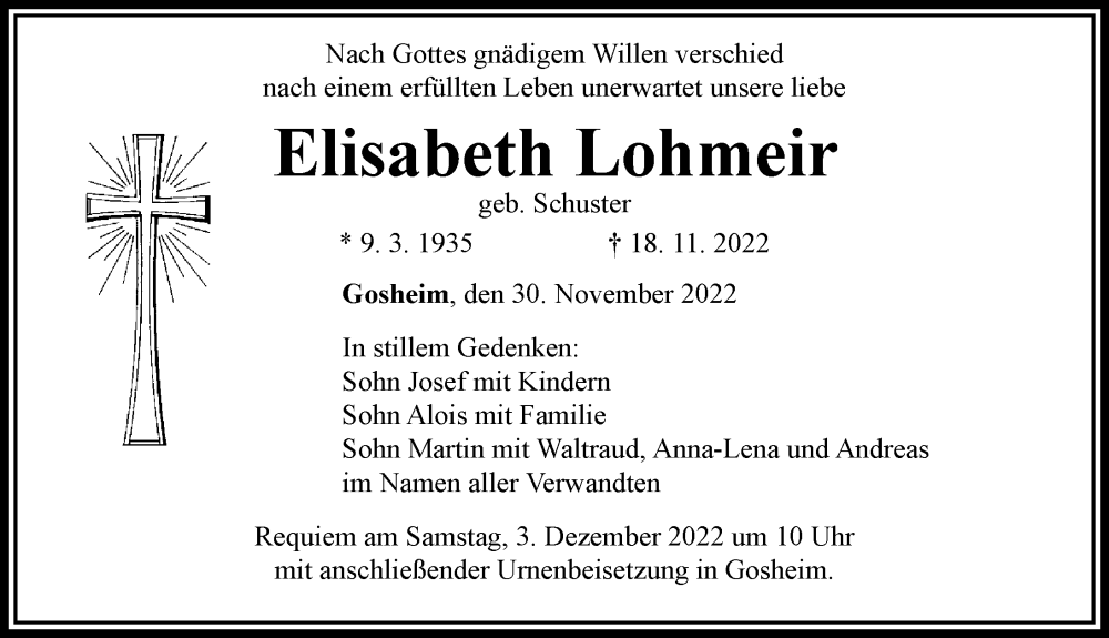  Traueranzeige für Elisabeth Lohmeir vom 30.11.2022 aus Rieser Nachrichten, Donauwörther Zeitung