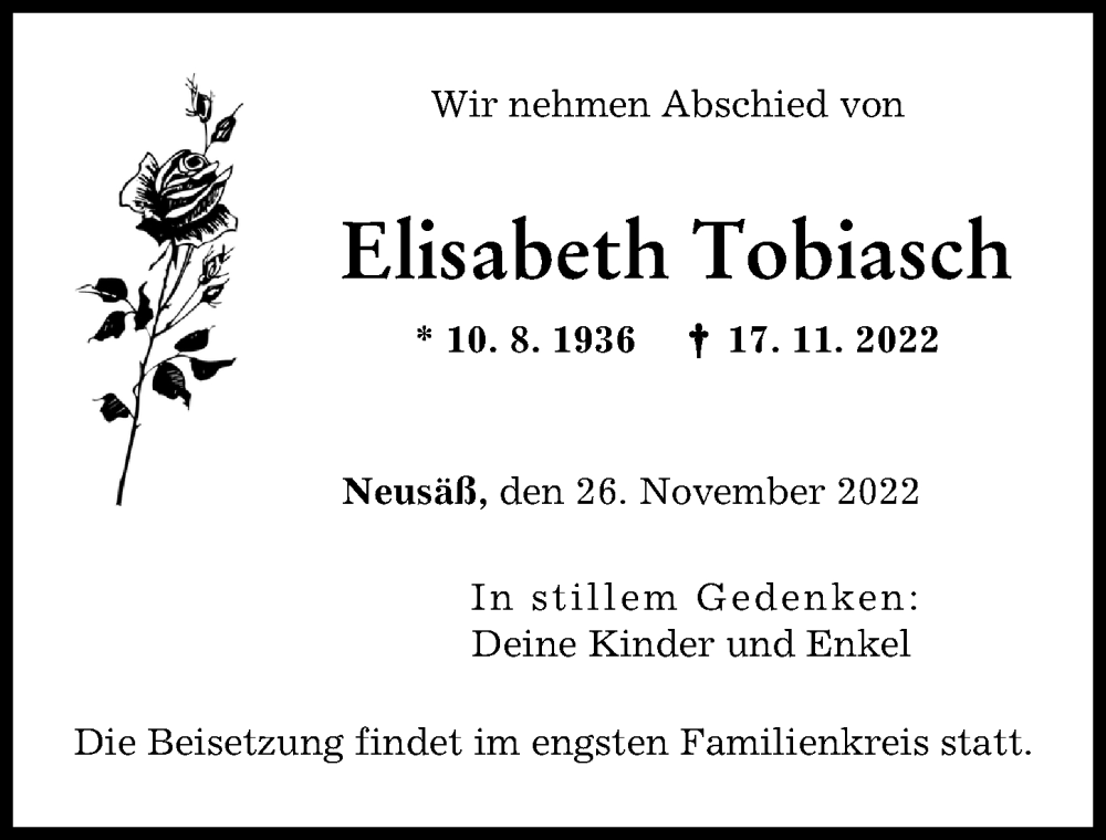  Traueranzeige für Elisabeth Tobiasch vom 26.11.2022 aus Augsburger Allgemeine