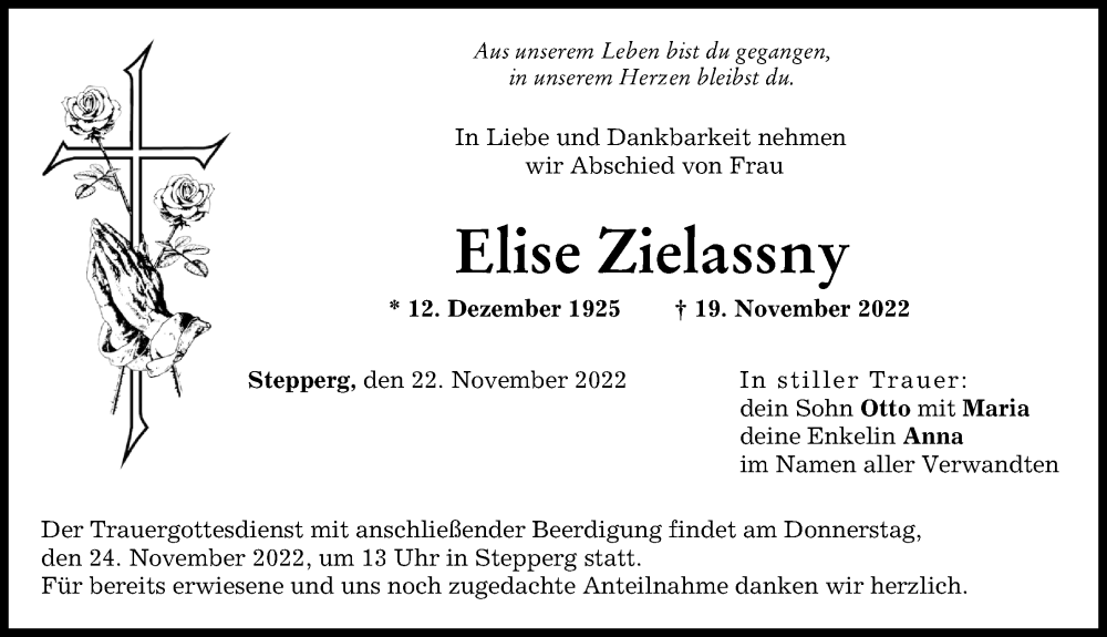  Traueranzeige für Elise Zielassny vom 22.11.2022 aus Neuburger Rundschau