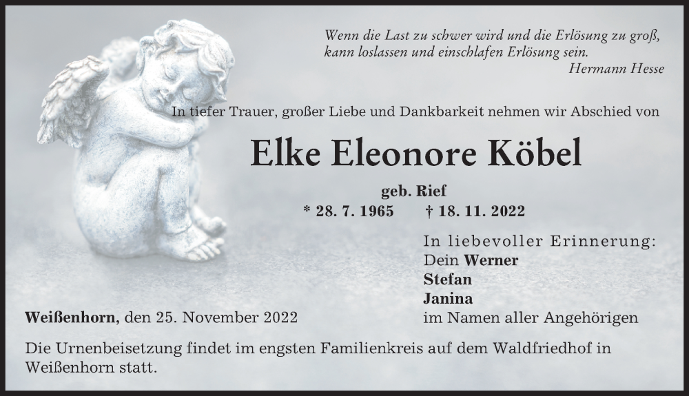  Traueranzeige für Elke Eleonore Köbel vom 25.11.2022 aus Neu-Ulmer Zeitung
