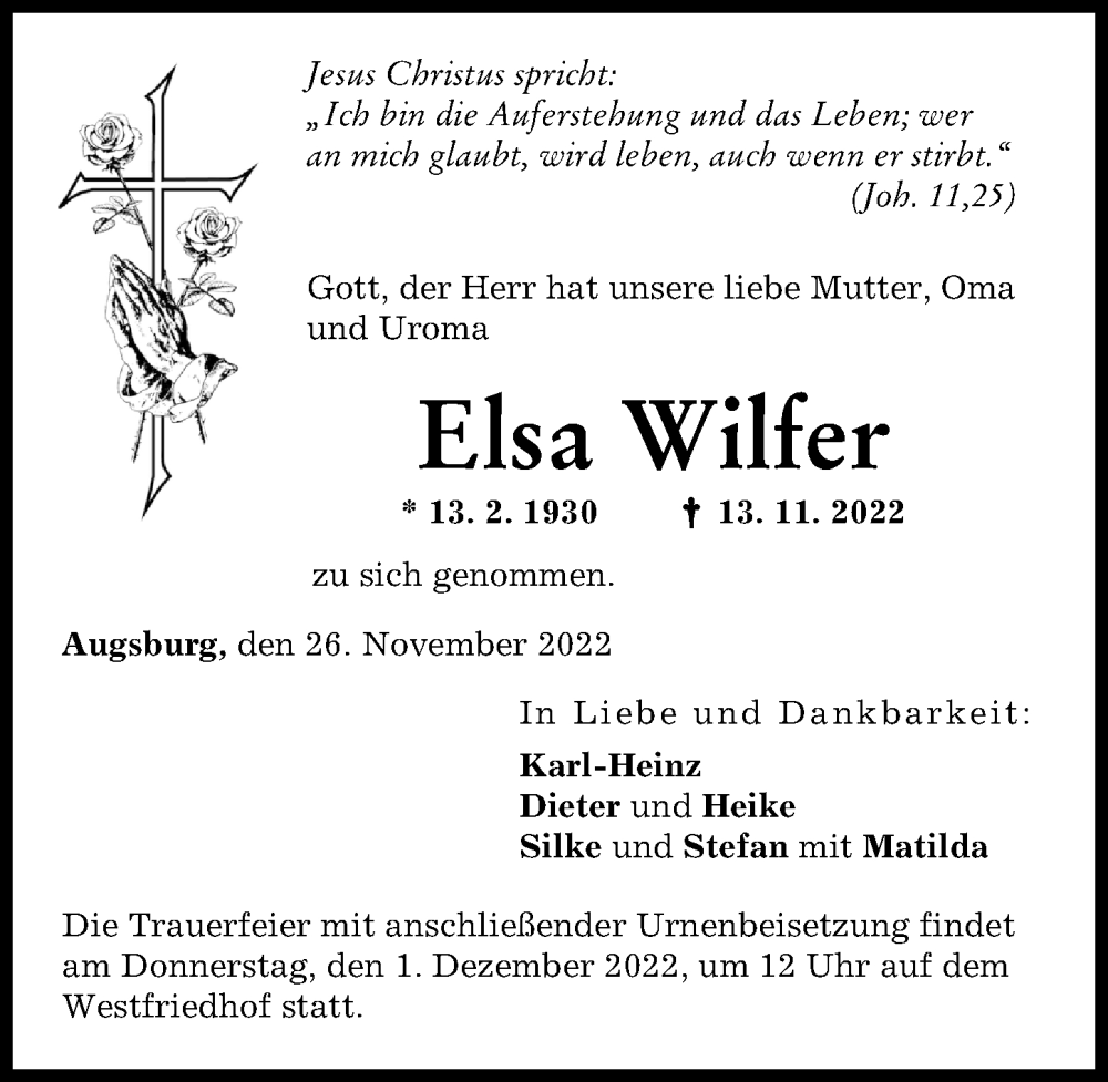  Traueranzeige für Elsa Wilfer vom 26.11.2022 aus Augsburger Allgemeine