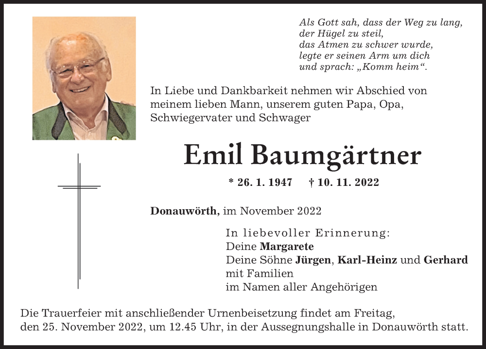  Traueranzeige für Emil Baumgärtner vom 23.11.2022 aus Donauwörther Zeitung