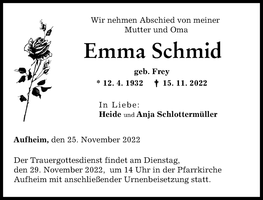  Traueranzeige für Emma Schmid vom 25.11.2022 aus Neu-Ulmer Zeitung