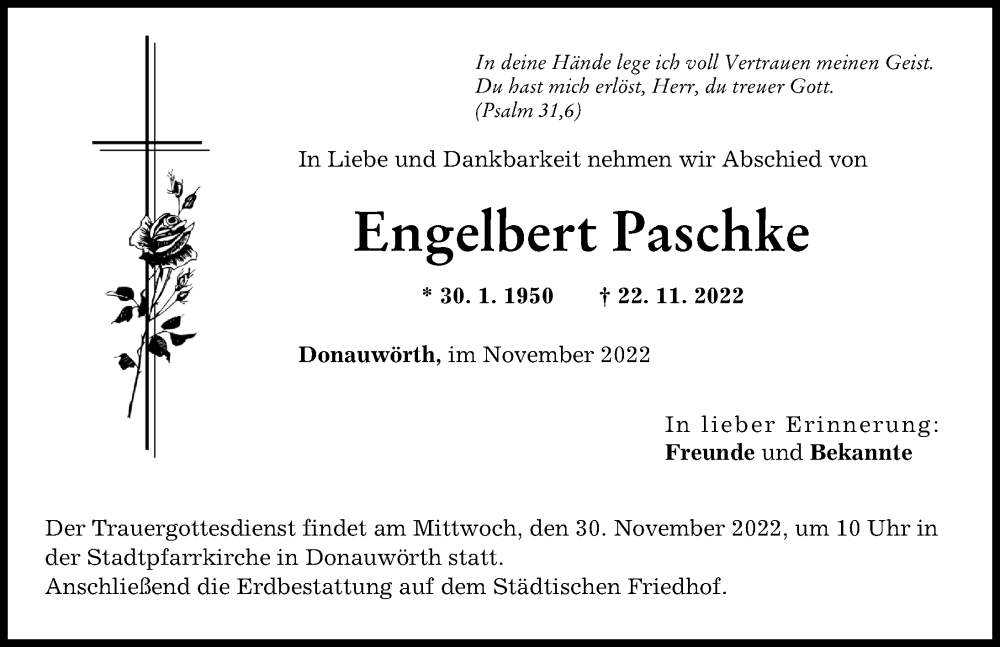  Traueranzeige für Engelbert Paschke vom 26.11.2022 aus Donauwörther Zeitung