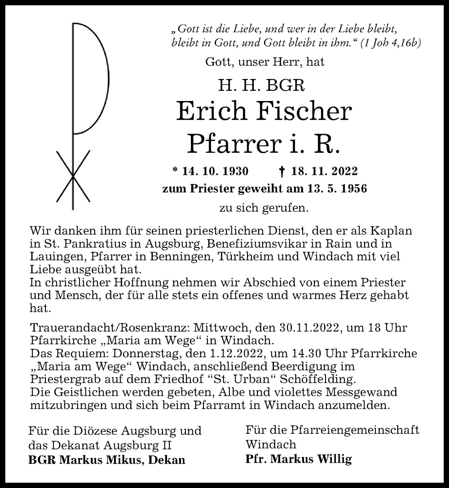Traueranzeige von Erich Fischer von Augsburger Allgemeine