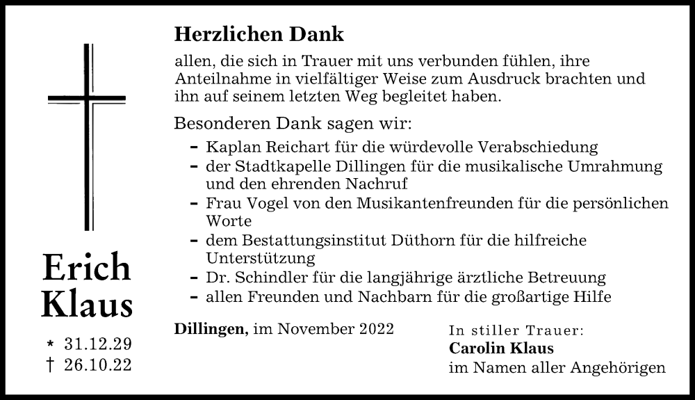 Traueranzeige von Erich Klaus von Donau Zeitung