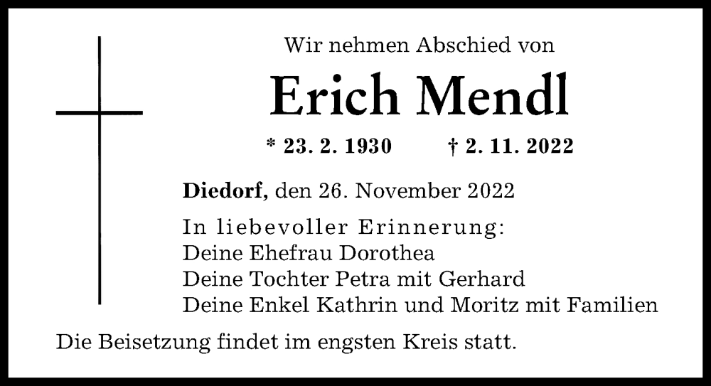  Traueranzeige für Erich Mendl vom 26.11.2022 aus Augsburger Allgemeine