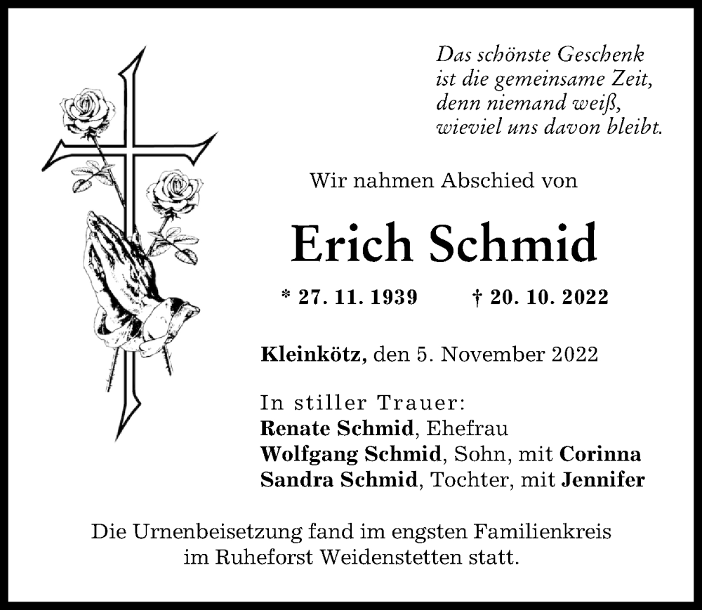 Traueranzeige von Erich Schmid von Günzburger Zeitung