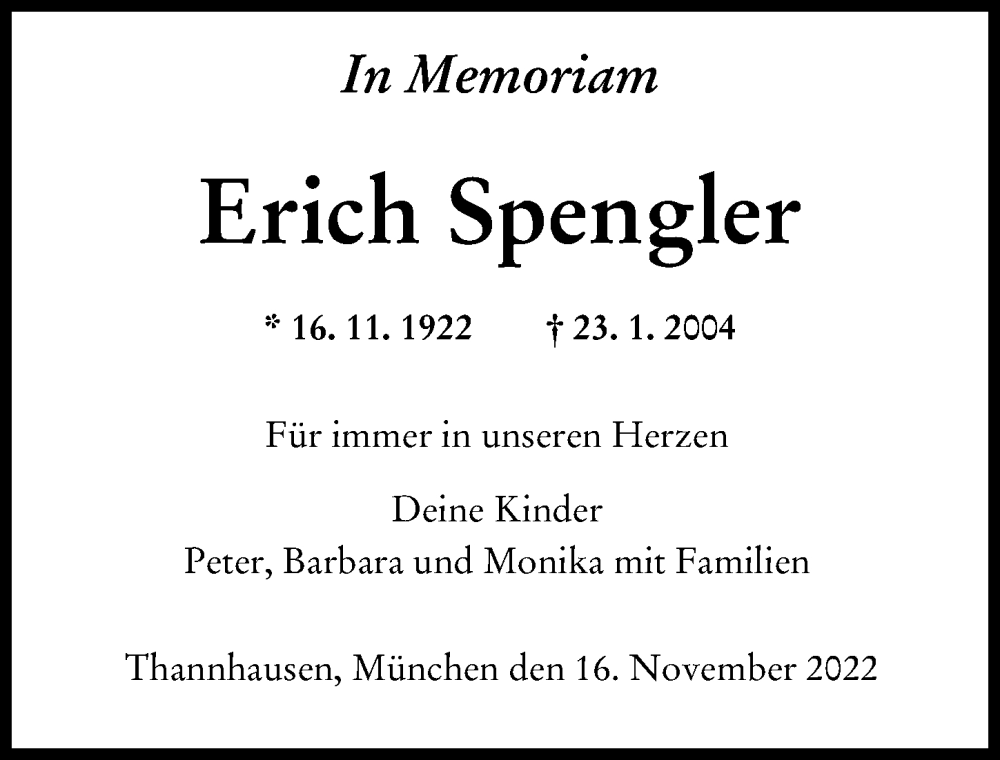  Traueranzeige für Erich Spengler vom 16.11.2022 aus Mittelschwäbische Nachrichten