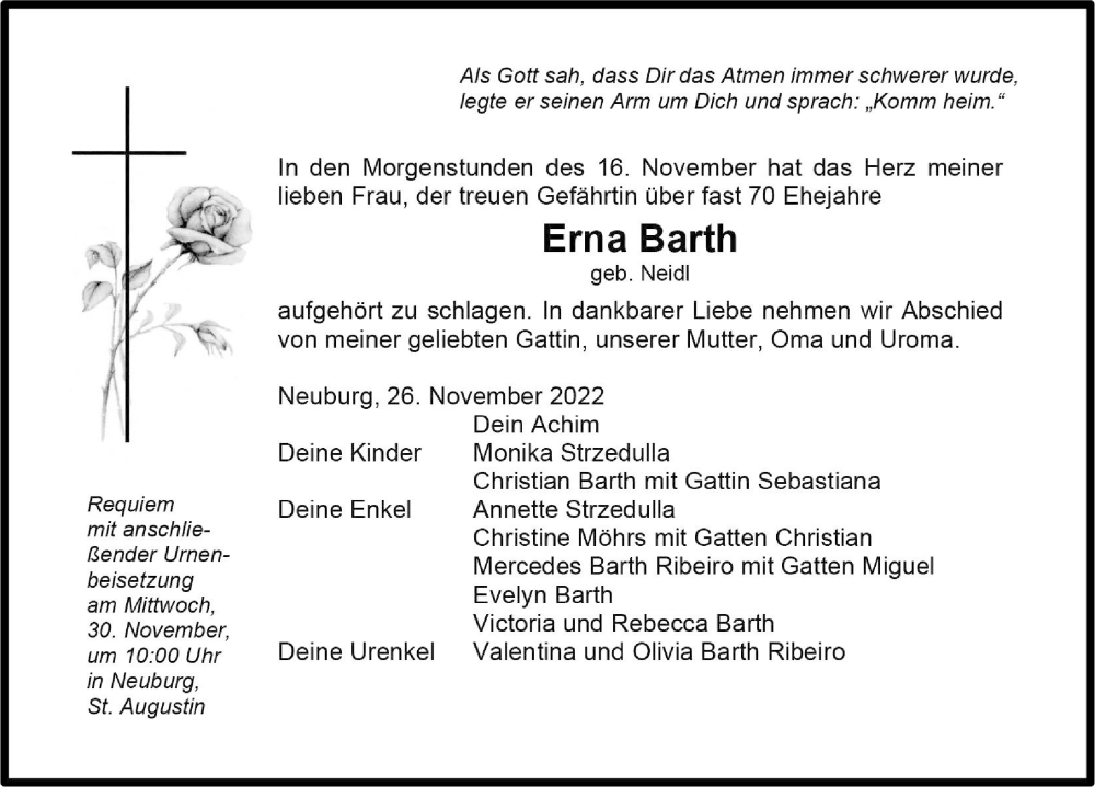  Traueranzeige für Erna Barth vom 26.11.2022 aus Neuburger Rundschau