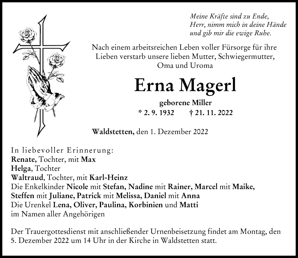Traueranzeige von Erna Magerl von Günzburger Zeitung