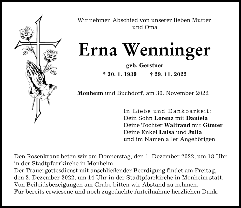 Traueranzeige von Erna Wenninger von Donauwörther Zeitung