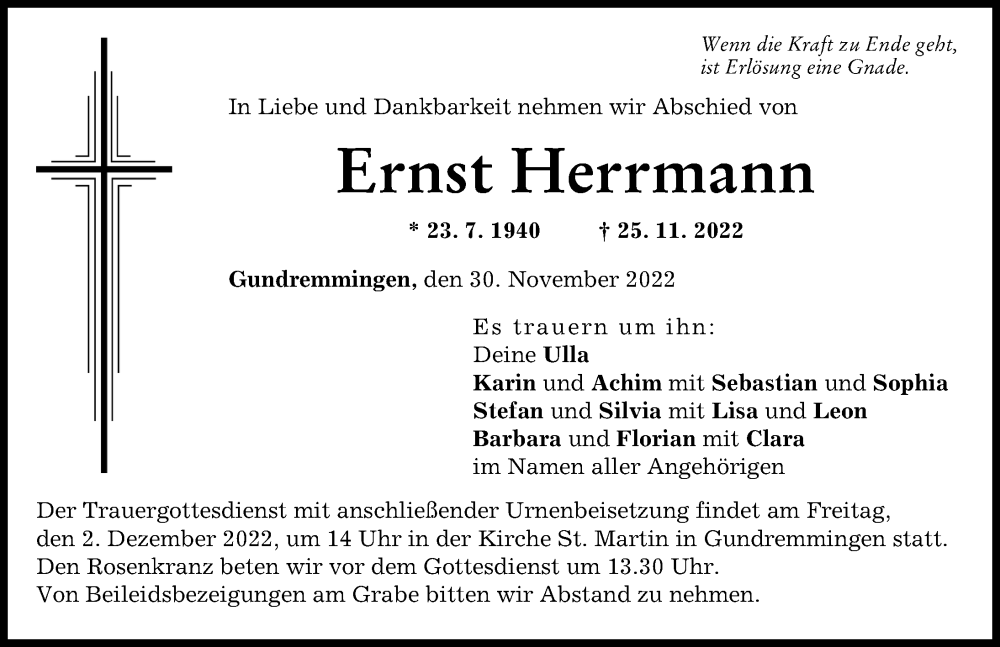 Traueranzeige von Ernst Herrmann von Günzburger Zeitung
