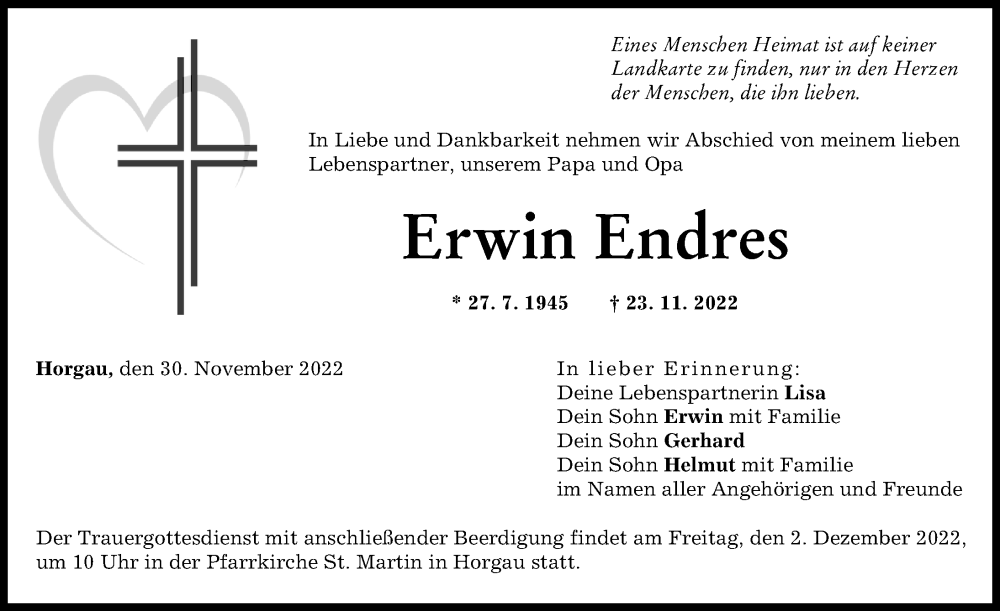 Traueranzeige von Erwin Endres von Augsburg-Land