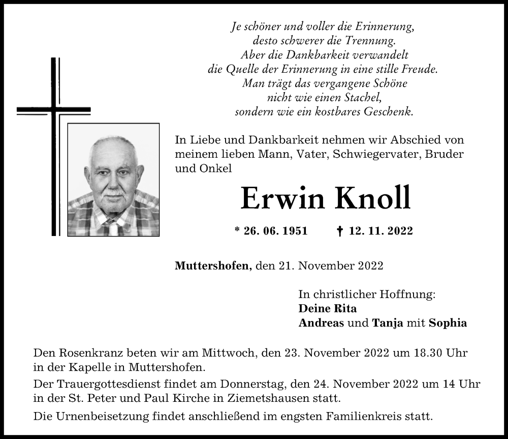  Traueranzeige für Erwin Knoll vom 21.11.2022 aus Mittelschwäbische Nachrichten