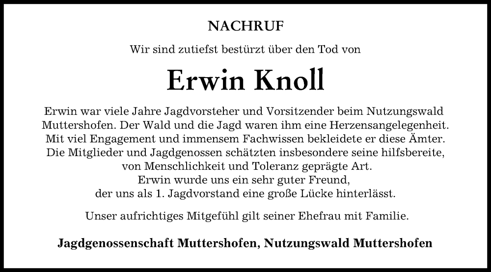  Traueranzeige für Erwin Knoll vom 26.11.2022 aus Mittelschwäbische Nachrichten