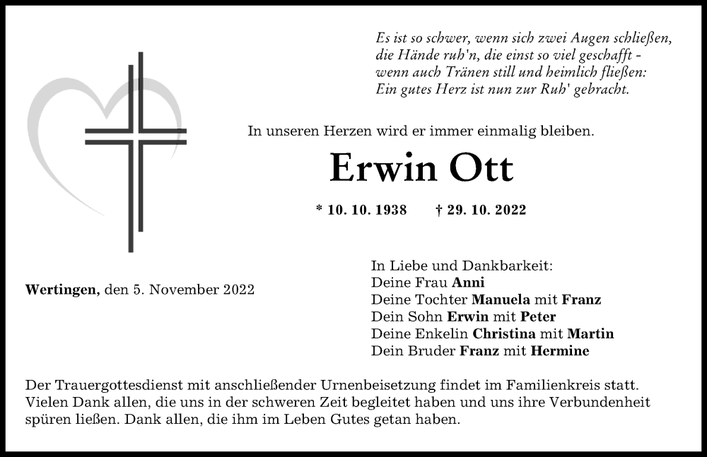 Traueranzeige von Erwin Ott von Wertinger Zeitung