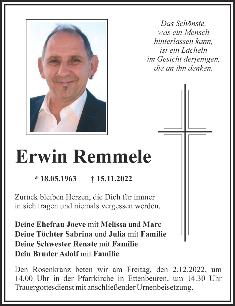 Traueranzeige für Erwin Remmele vom 26.11.2022 aus Günzburger Zeitung