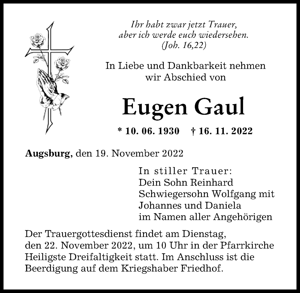 Traueranzeigen Von Eugen Gaul Augsburger Allgemeine Zeitung