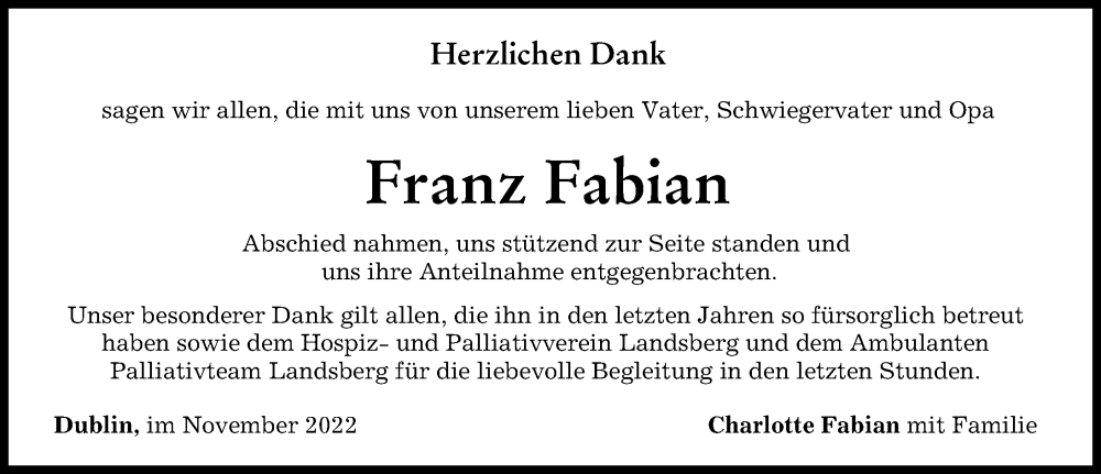 Traueranzeige von Franz Fabian von Landsberger Tagblatt