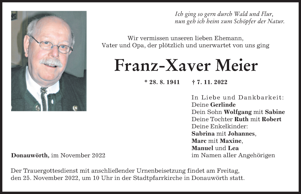  Traueranzeige für Franz-Xaver Meier vom 21.11.2022 aus Donauwörther Zeitung