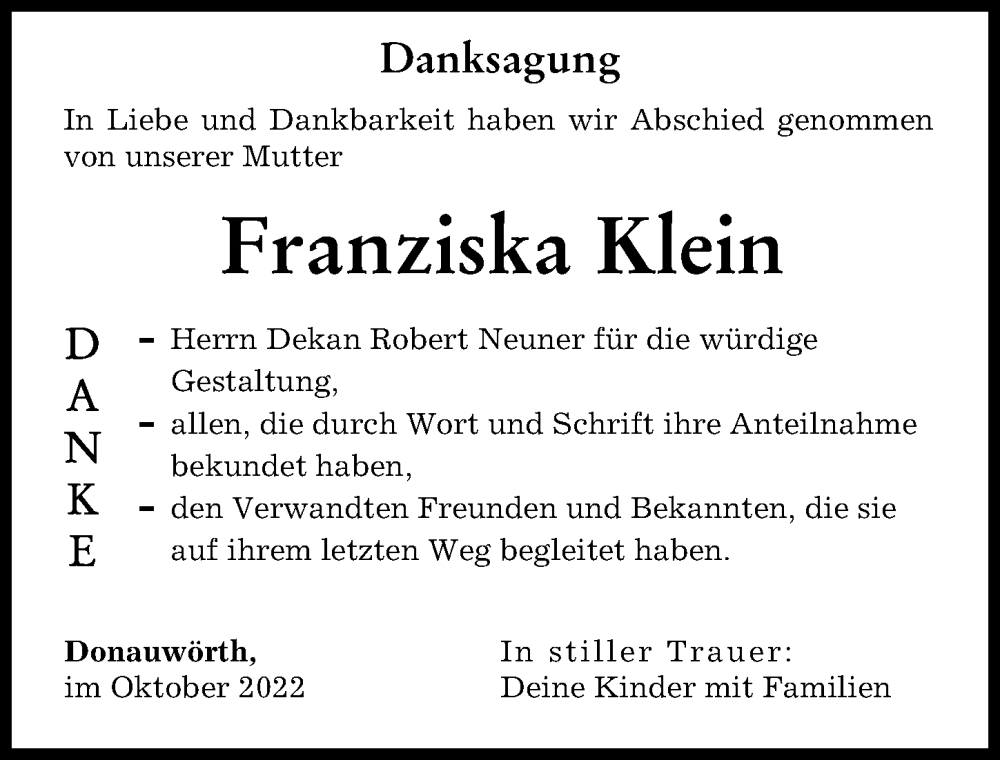 Traueranzeige von Franziska Klein von Donauwörther Zeitung