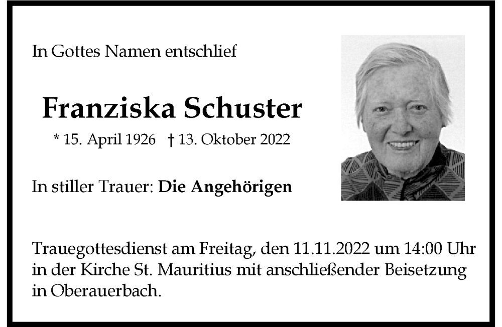 Traueranzeige von Franziska Schuster von Mindelheimer Zeitung